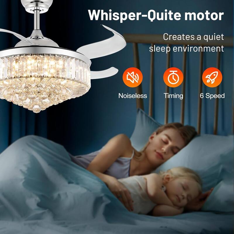 42" Fandelier Ceiling Fan with Light, Retractable Chandelier Fan LED Dimmable Crystal Ceiling Fan for Bedroom Living Room