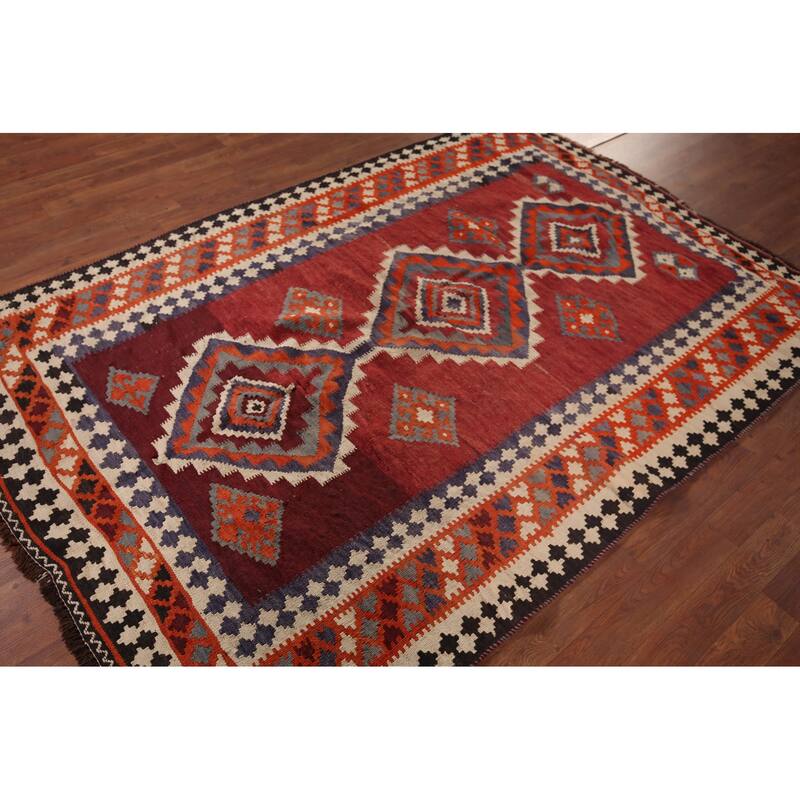 Geometric Kilim Qashqai Persian Area Rug Flatweave Wool Carpet - 5'1"x 7'3"