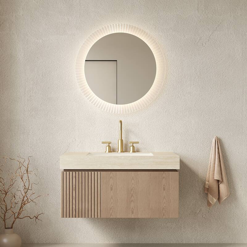 Floating Bathroom Vanity with Undermount Ceramic Basin with 3 Pre-drilled Faucet Holes - Beige and Light Brown - 35.83'' x 18.9'' x 17.72''