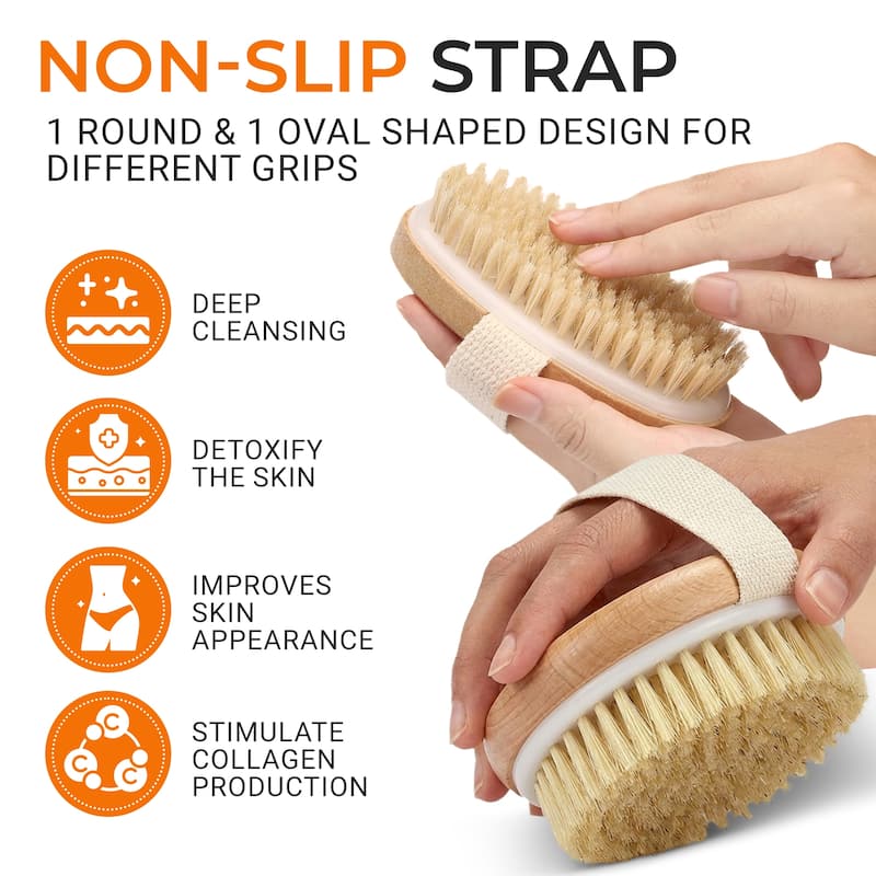 Cheer Collection Set of 2 Natural Bristle Body Brushes Round and Oval with Hand Strap for Wet or Dry Use