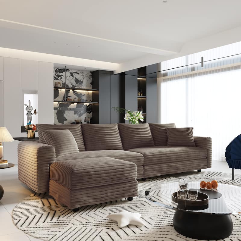 102.4" Corduroy Couch with Ottomans, 4 Seat Convertible Modular Sectional Sofa, Upholstered Couches with Pillows for Living Room - Camel-1 Ottoman