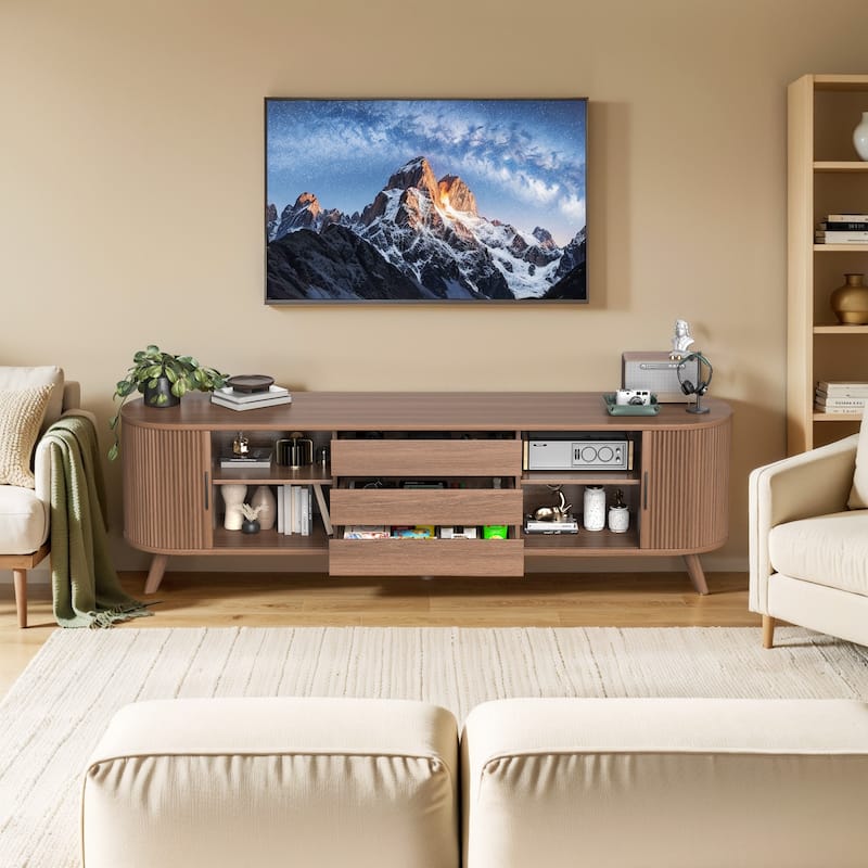 Media Consol with Sliding Door Drawers and Open Shelves for Bedroom Living Room - Walnut