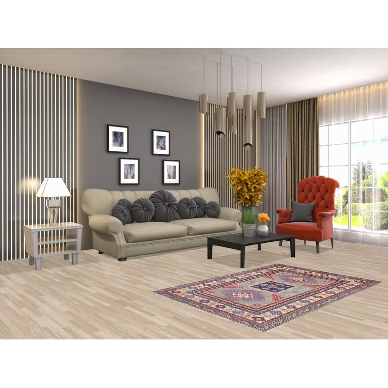 Geometric Kazak Accent Rug Hand-Knotted Traditional Wool Carpet - 3'2" x 5'0"