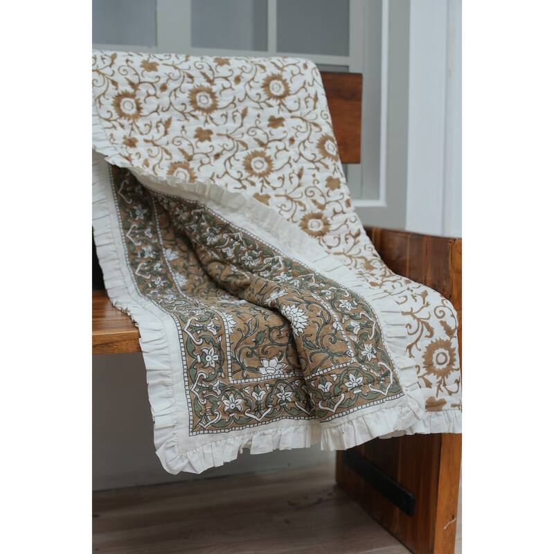 Fabdivine Luxury Hand Block Print Cotton Quilt Floral Boho Bedding for Bedroom & Sofa, Mustard, Handmade Reversible Bedspread