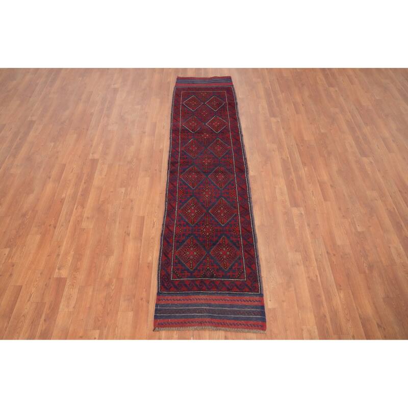 Hand Knotted Oriental 100% Wool Carpet Traditional Tribal Navy Blue & Blues Balouch Runner Rug - 8' 1'' X 2' 0''