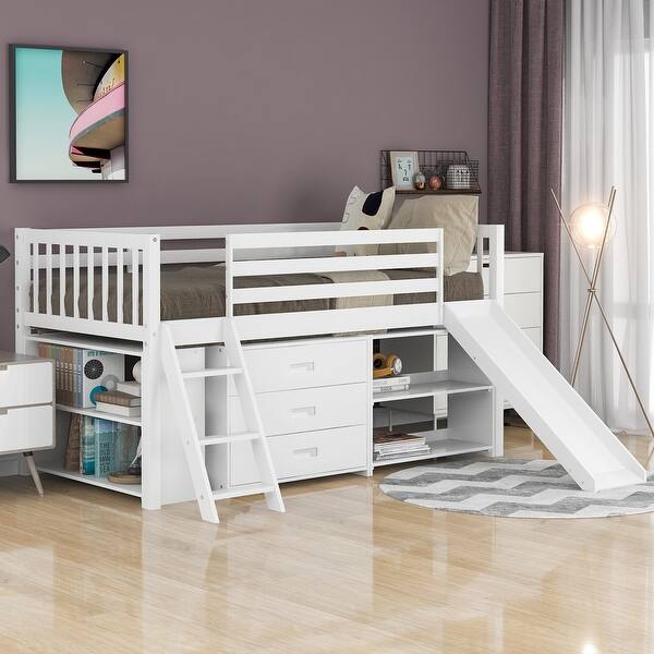 slide 2 of 9, White Low Loft Bed with Attached Bookcases and Separate 3-Tier Drawers, Convertible Ladder and Slide, Twin White