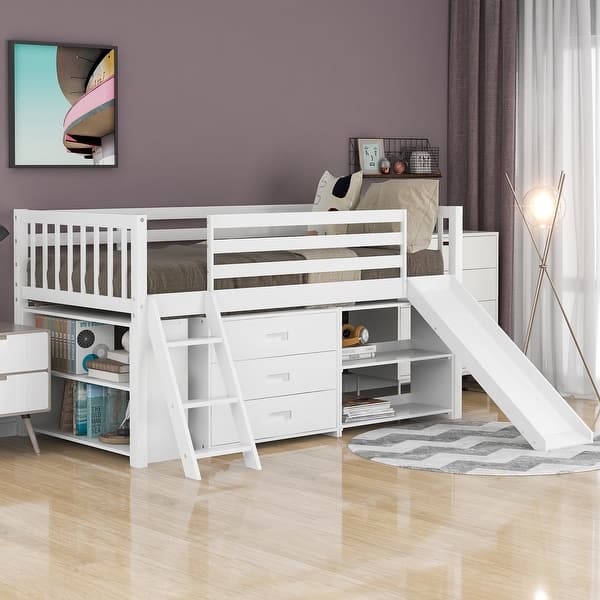 slide 2 of 9, White Twin Pine Low Loft Bed with Bookcases, Drawers, Convertible Ladder, Slide