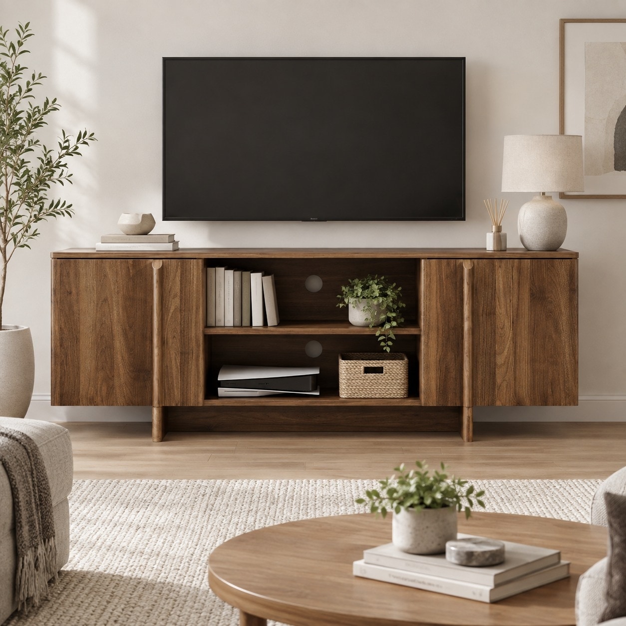 55" Mid-Century Modern TV Stand for TVs Up to 48" with Cabinets, Open Shelves and Cable Management