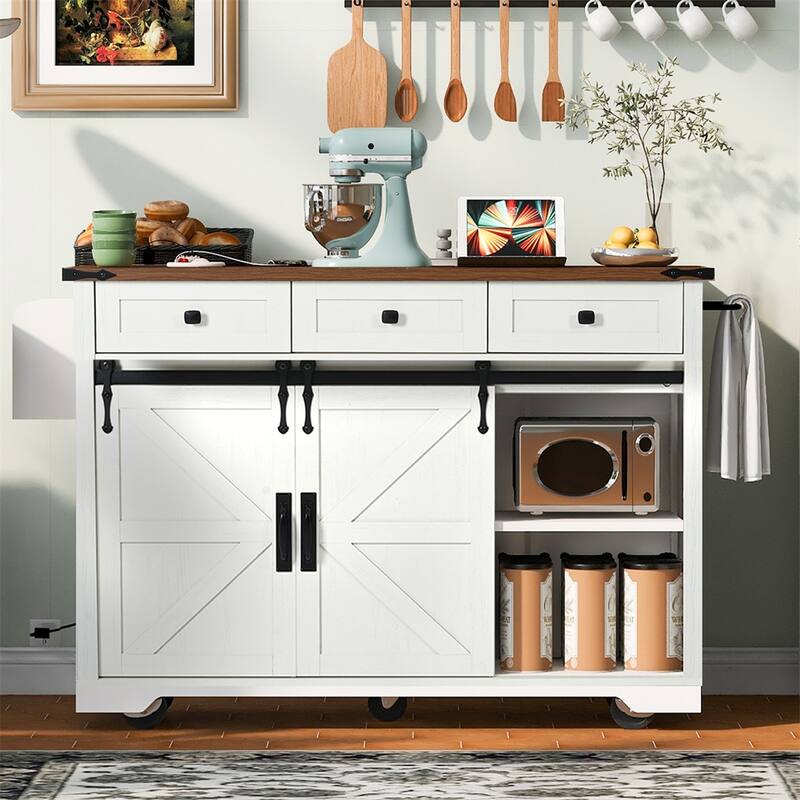53.7" Farmhouse Kitchen Island With Power Outlet, 2 Sliding Barn Door, Kitchen Storage Island With Drop Leaf, Spice Rack - White