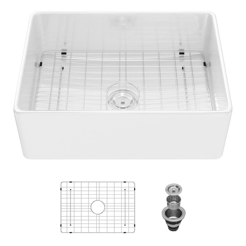28" Kitchen Sink Ceramic Single Bowl w/Drain Assembly and Bottom Grid