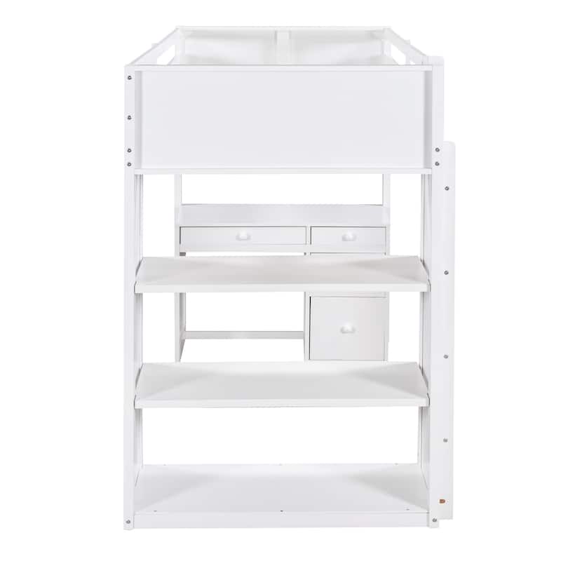 Space-Saving Twin Loft Bed with Ladder, Shelves, and Desk in White