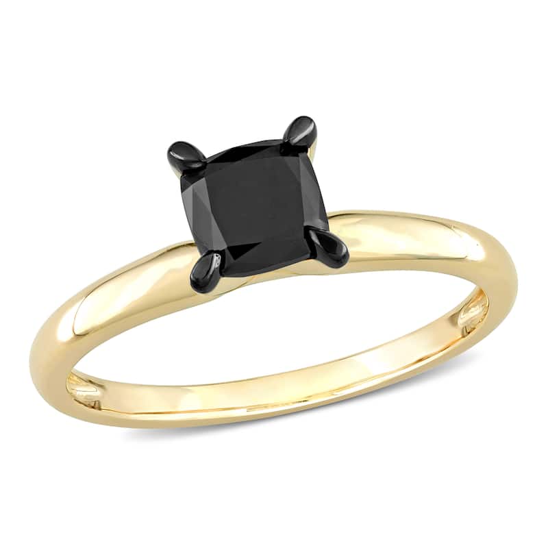 Miadora 1ct TDW Cushion-cut Black Diamond Solitaire Engagement Ring in 14k Yellow Gold