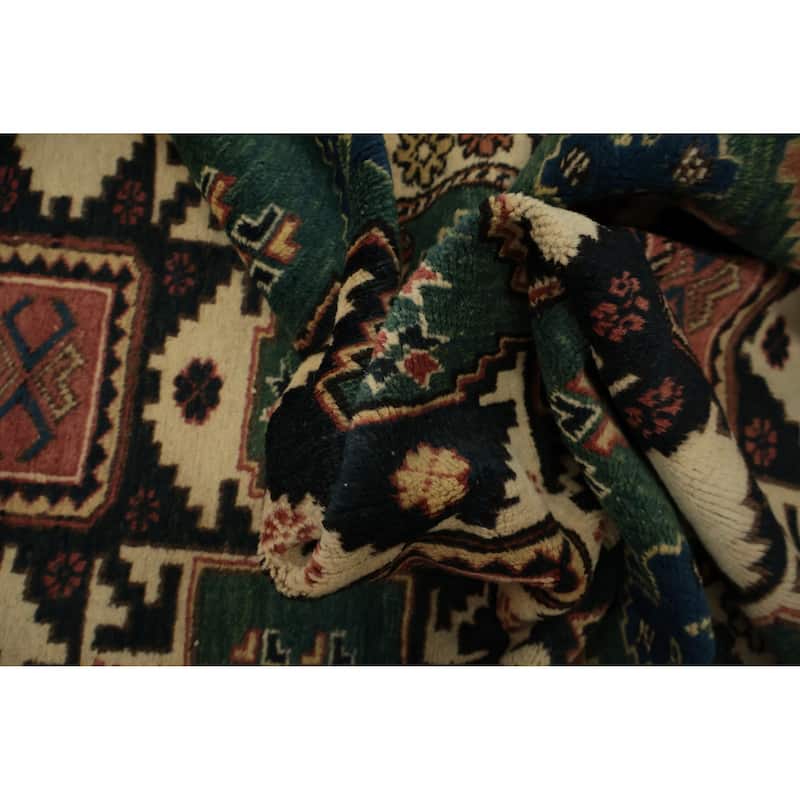 Hand Knotted Oriental 100% Wool Carpet Traditional Geometric Green Super Kazak Runner Rug - 9' 8'' X 2' 9''