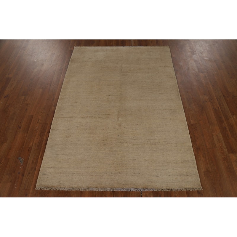 Gabbeh Modern Rug Handmade Beige Solid Wool Carpet - 4'2" x 5'10"