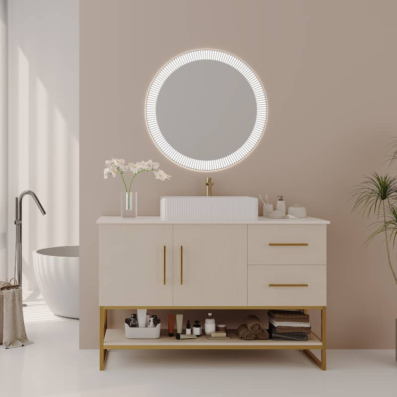 All-in-one Bath Storage Set, Freestanding Bathroom Vanity with Vessel Textured Ceramic Sink and Gold Stainless Steel Base - Beige