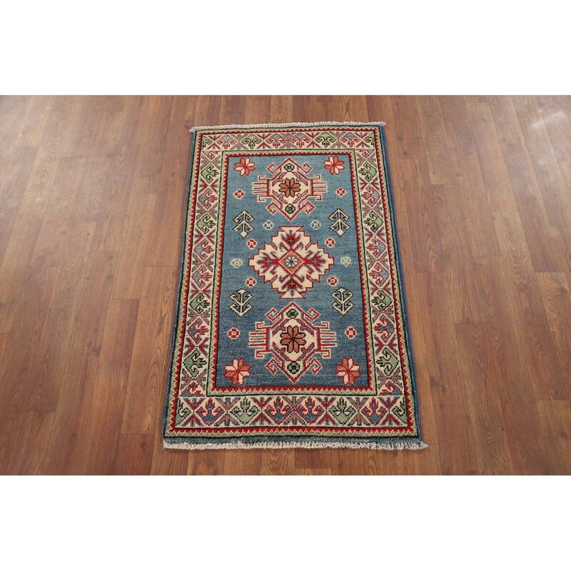 Hand Knotted Oriental 100% Wool Carpet Traditional Geometric Navy Blue & Blues Kazak Area Rug - 3' 3'' X 1' 11''