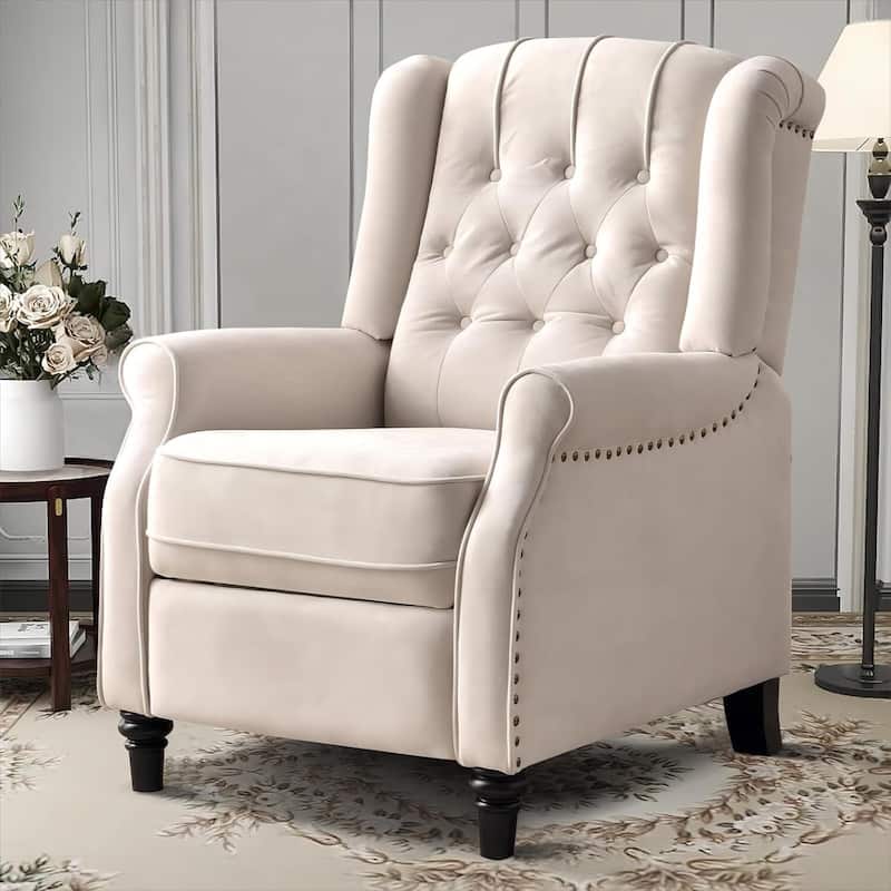 Pushback Recliner Chair, Fabric Armchair Push Back Recliner with Rivet Decoration, Single Sofa Accent Chair - Beige