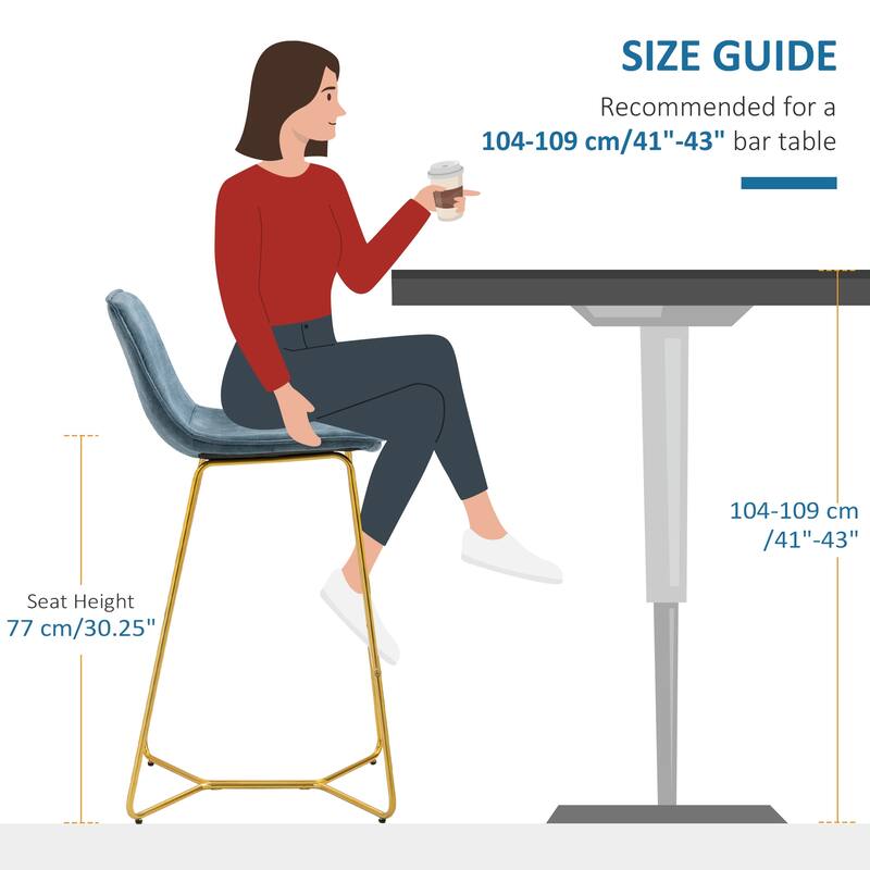HOMCOM Tall Bar Stools, Set of 2, Velvet-Touch Fabric Bar Chairs, Bar Stools with Gold-Tone Metal Legs for Dining Area