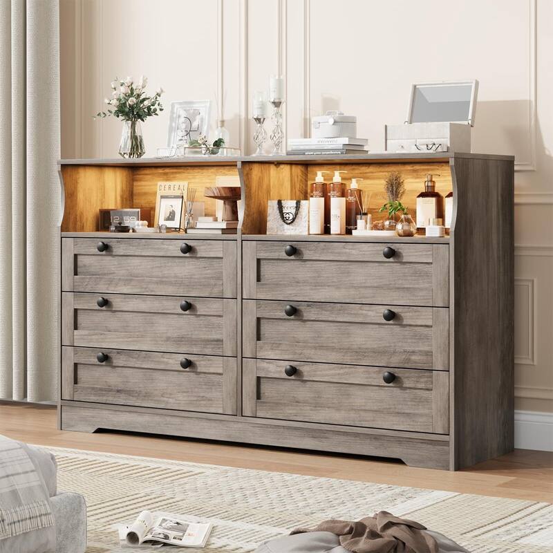 6 Drawer Dresser for Bedroom, 55" Wood Chest of Drawers with Charging Station, LED Lights and 2 Storage Compartments