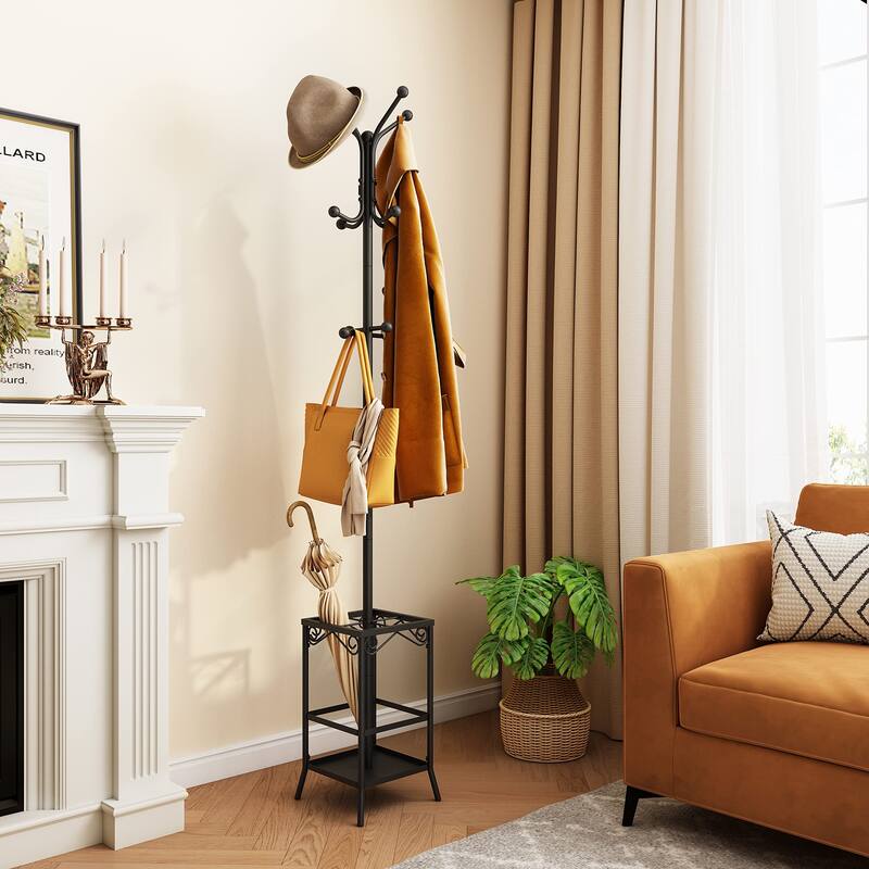 Coat Rack Freestanding,Entryway Coat Hanger Stand,Umbrella Holder,Hall Tree With 12 Hooks,Standing Coat Rack