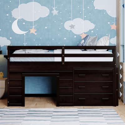 Twin Size Low Loft Bed with Drawers, Shelf and Cabinet, Storage Platform Bed, Solid Wood Bed Frame with Ladder and Guardrails
