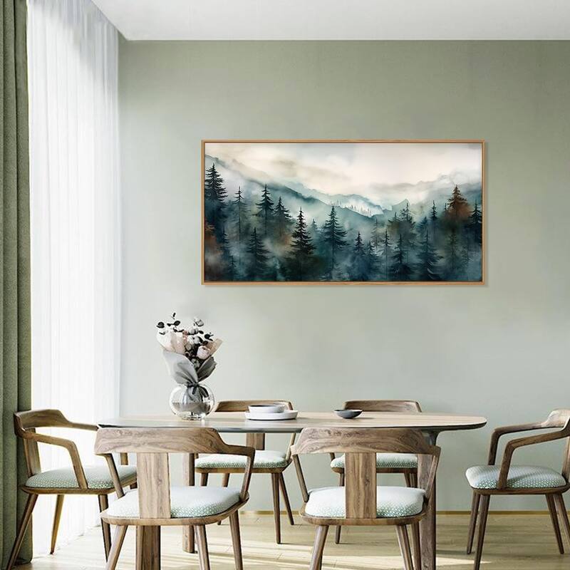 Nature Landscape Wall Decor, Foggy Mountain Pine Trees Wall Painting