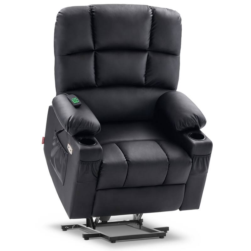 MCombo Medium Dual Motor Power Lift Recliner Chair with Massage and Heat for Elderly People, Faux Leather 7679 - Black