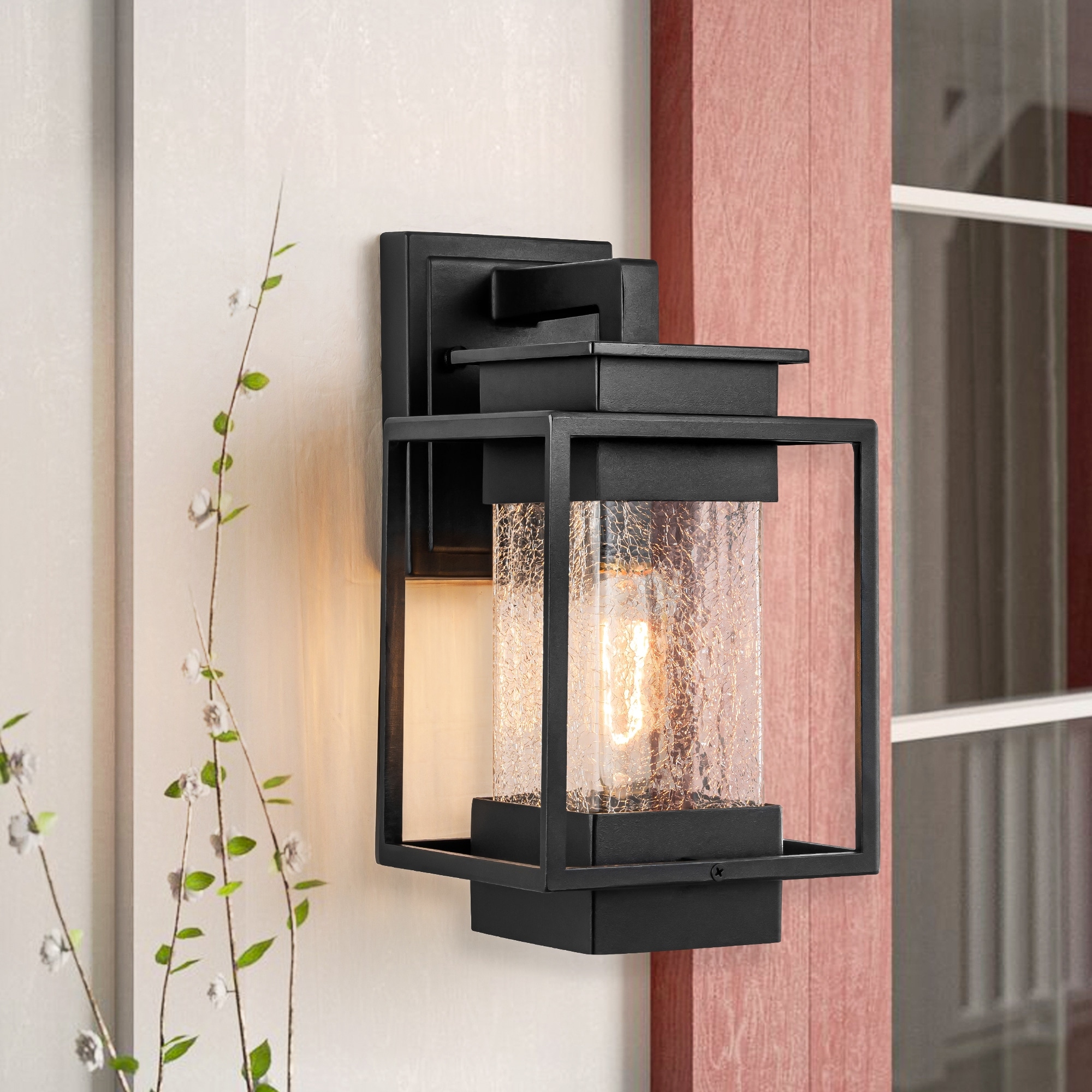 1-Light Satin Black Aluminum Lantern Waterproof Outdoor Wall Sconce Light - 6.9 in. W x 12.4 in. H x 7.5 in. D