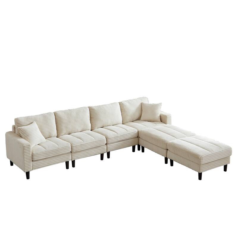 122.5" Corduroy U-Shaped Sectional Sofa with Ottomans & Pillows