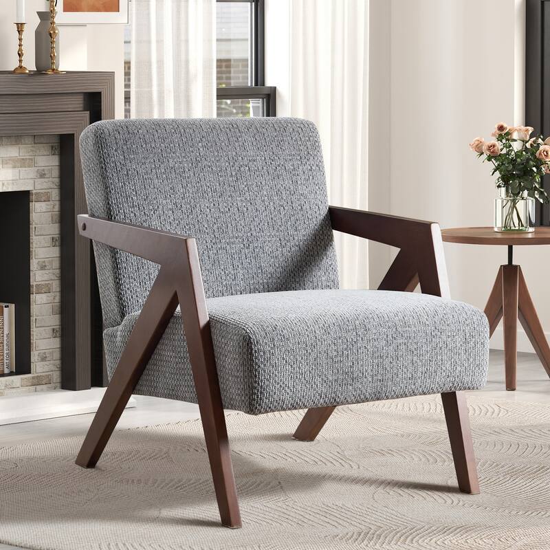 Accent Chair with Wood Frame, Upholstered Reading Armchair with Soft Linen Fabric, Accent Chair for Living Room Bedroom - Grey - 1PCS