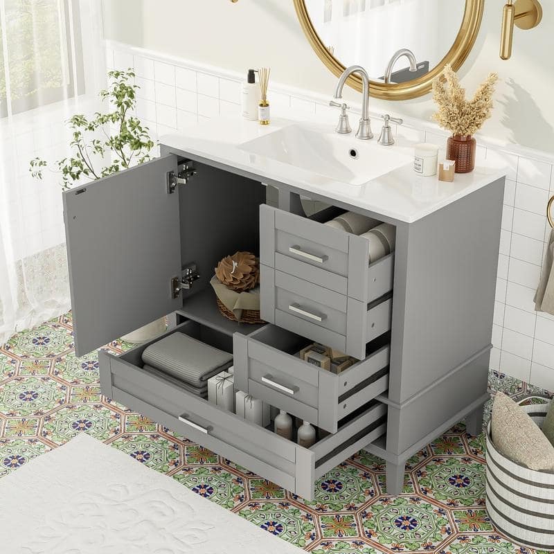 Contemporary 36-inch White Bathroom Vanity Cabinet with a Sturdy Pine Frame, 1 Soft Close Door and 3 Drawers.