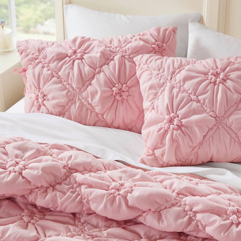 3PCS Full/Queen Textured Floral Comforter Set with Shams Puffy Design All Season Comfort