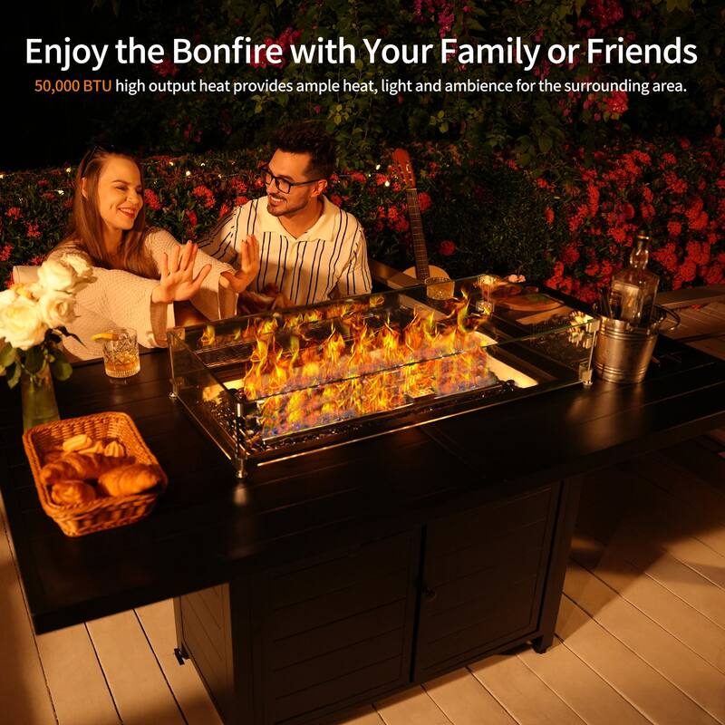 59.8" Aluminum Propane Fire Pit Table, 50,000 BTU Outdoor Dining Table w/ 10 LBS Beads, Rectangle Fire Table