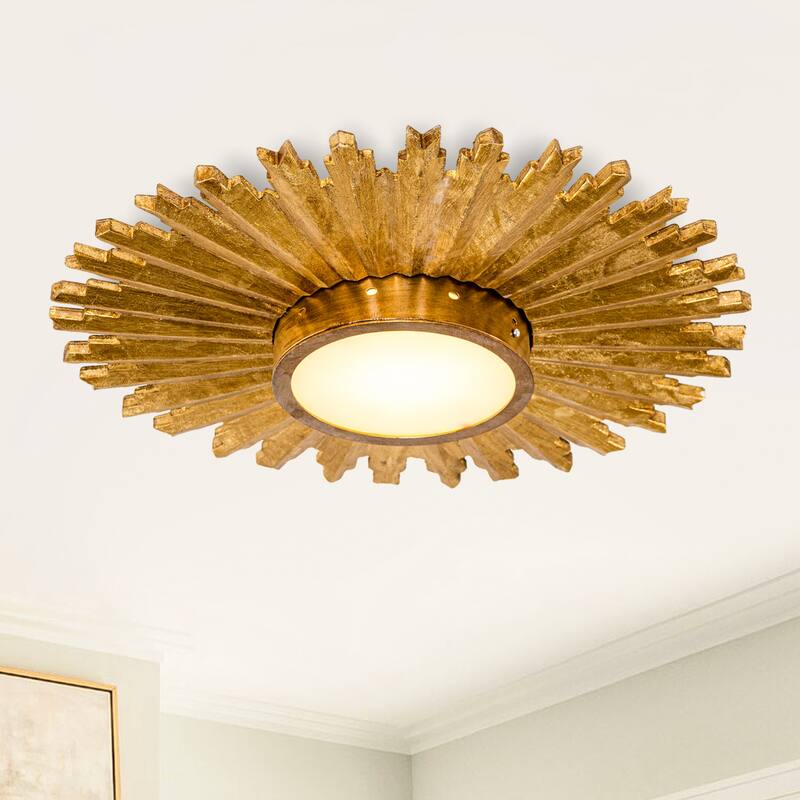 2-Light Gold Modern Handmade Wood Sunflower Shape Flush Mount Ceiling Light