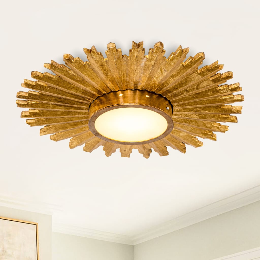 2-Light Gold Modern Handmade Wood Sunflower Shape Flush Mount Ceiling Light