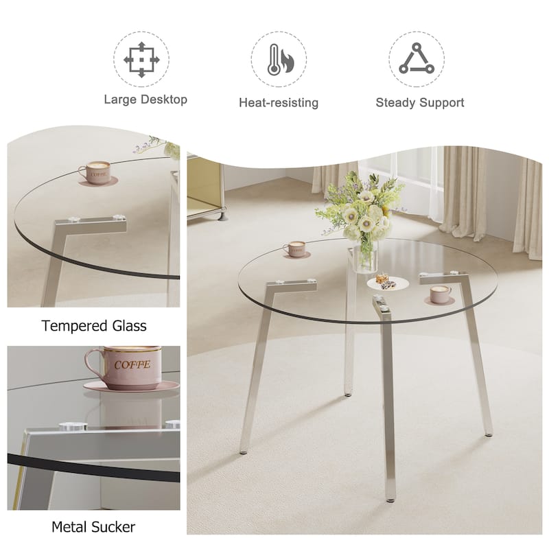 Roomfitters Round Glass Dining Table with Transparent Top and Silver Metal Legs for Kitchen Dining or Living Room