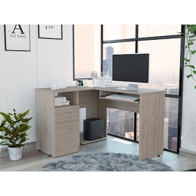 Modern Desk with 2 Drawers and 2 Shelves with Ample Storage Space, L Shape Office Desk with Sliding Keyboard Shelf