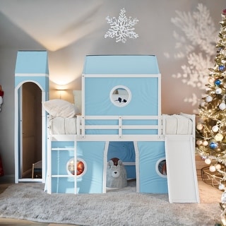 Kids and Baby Playhouse Full Size Loft Bed with Slide Pink Tent and Tower for Kids