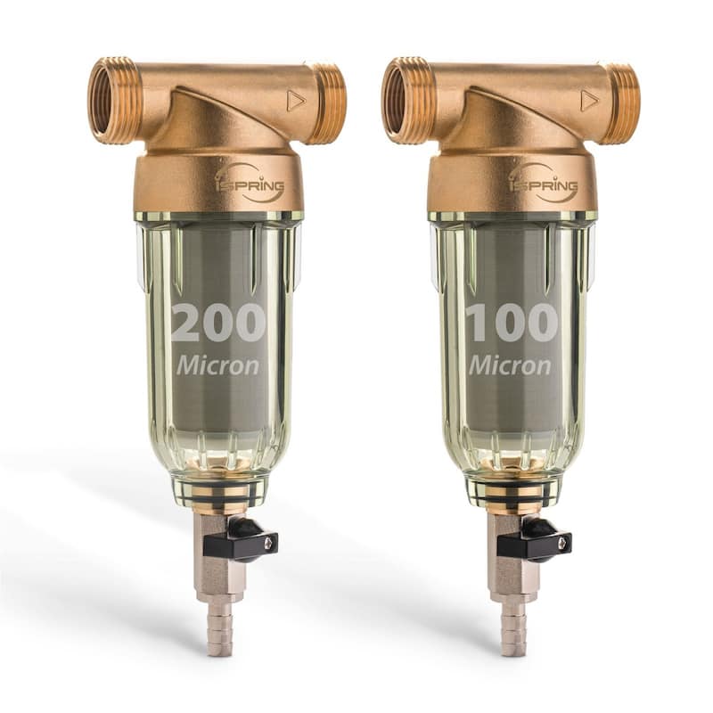 iSpring WSP2PK21 Reusable Whole House Spin Down Sediment Water Filters, 2-Pack with 200 and 100 Microns Sizes, Clear Housing - 100 & 200 Microns