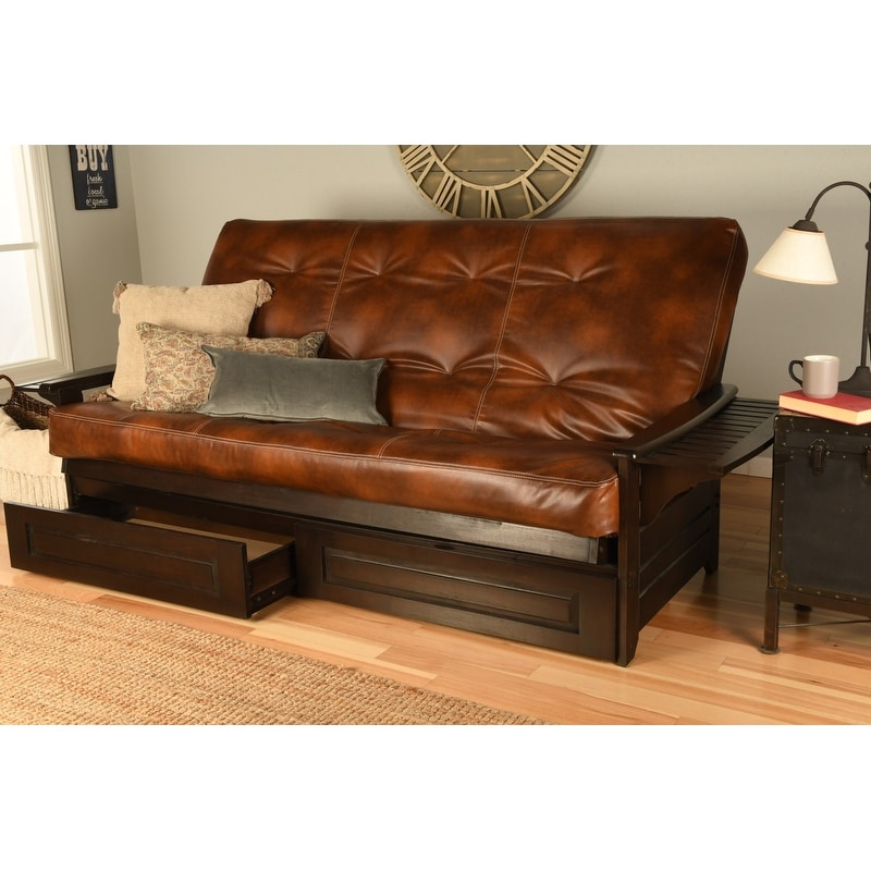 Somette Phoenix Queen-size Storage Futon Set in Espresso Finish with Faux Leather Mattress