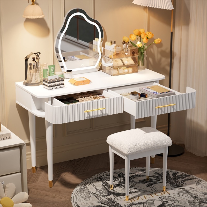 Modern Makeup Vanity Set with Lighted Mirror and Cushioned Stool Vanity Desk w 2 Drawers Elegant Vanity Table Dressing Table