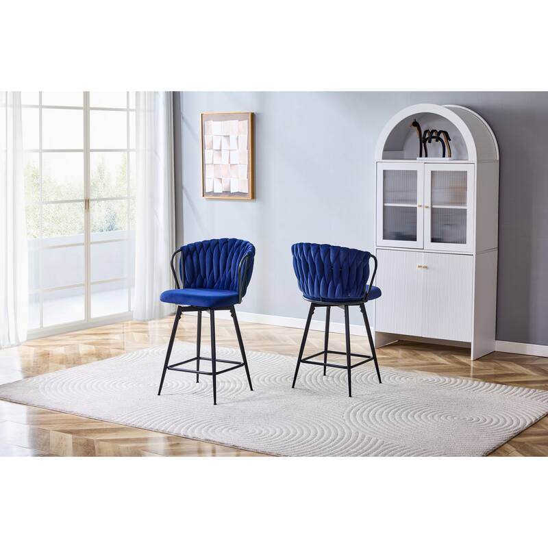 Set of 2 Modern Velvet Braided Bar Stool with Metal Frame, Upholstered Counter Height Stool