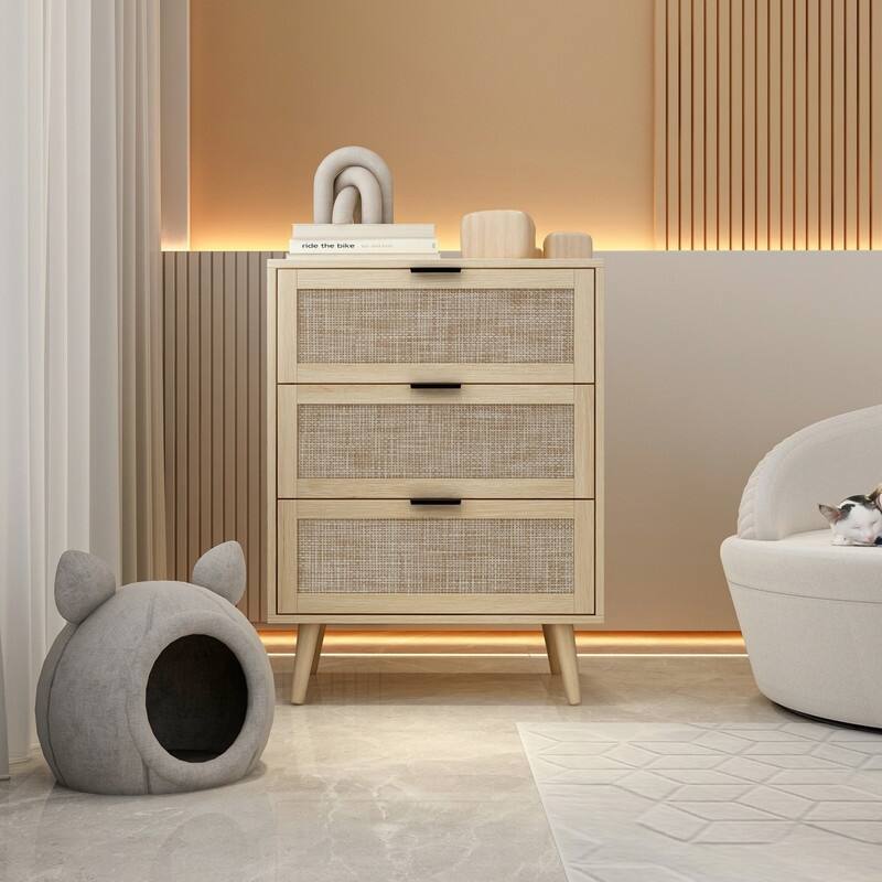 Wood Storage Cabinet with 3 Engineered Rattan Drawer Suitable for Bedroom,Living Room,Study