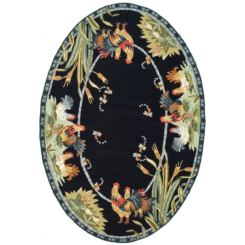 SAFAVIEH Handmade Chelsea Yauheniya French Country Rooster Wool Rug - 7'6" x 9'6" Oval - Black