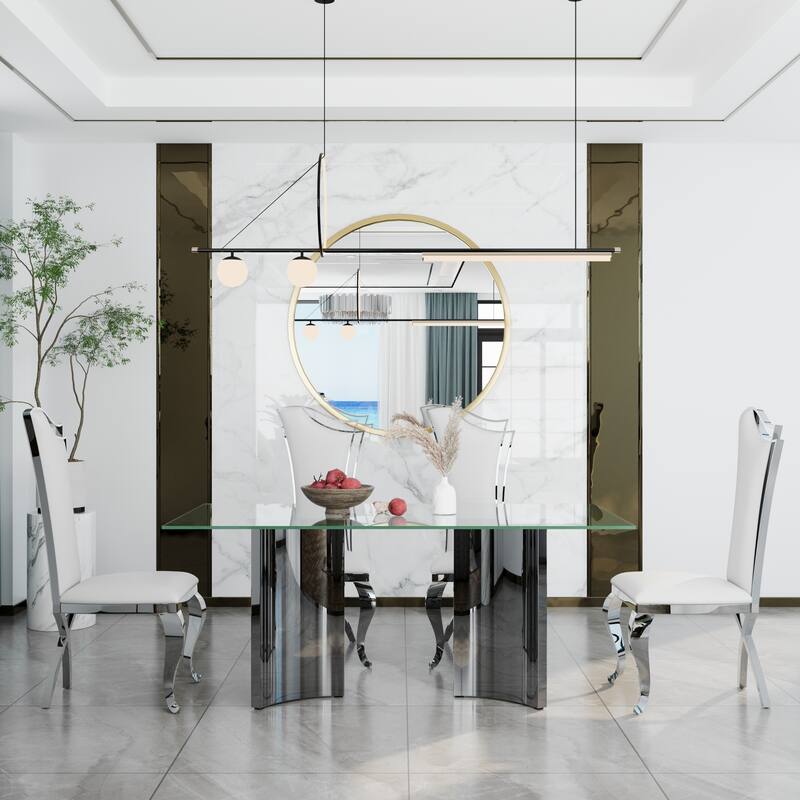 70 inch Clear Tempered Glass Dining Table Set with Leather Dining Chairs - Polished Silver - Table with 4 Chairs