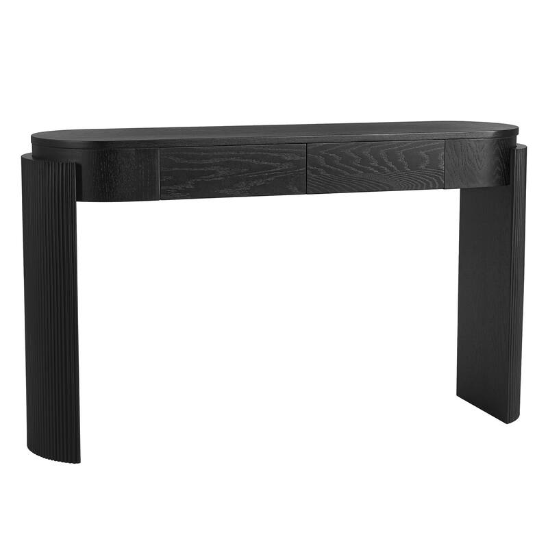 Entryway Table with Natural Wood Grain Finish, Console Table with Fluted Design, Oval Top and 2 Drawers