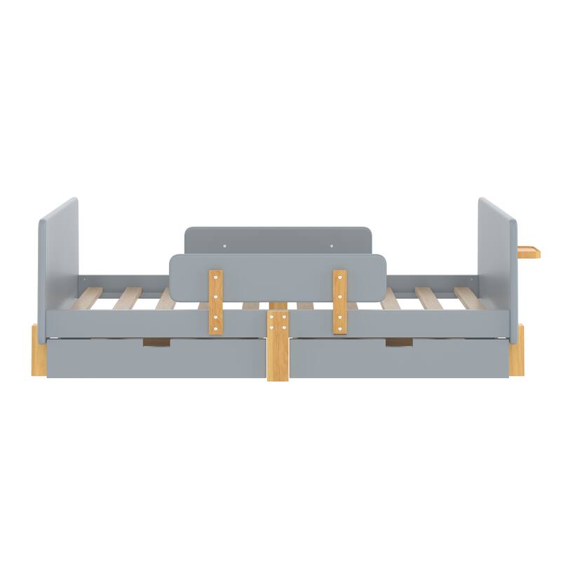 Low Profile Solid Wood Platform Bed Frame with Storage Drawers, Guardrails and Headboard, Footboard with Small Shelf and Hooks