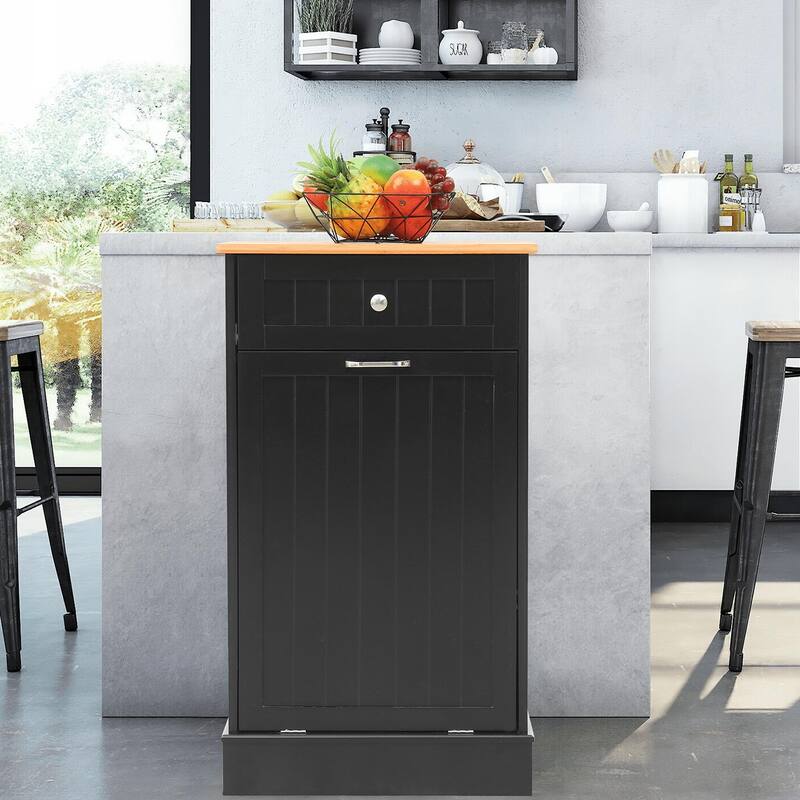 Erommy Tilt Out Trash Cabinet, Wooden Kitchen Trash Can Free Standing Waste Bin, Recycling Hideaway Garbage Can Holder