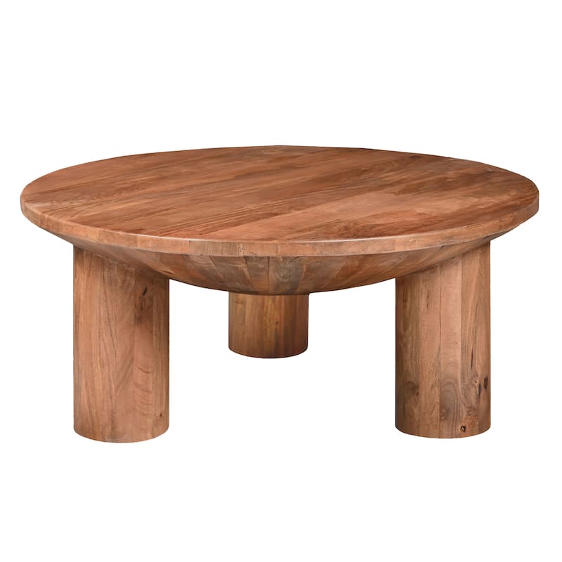 Meridian Coffee Table, 38 Inch Round Top, 3 Column Pillar Legs, Natural Brown Mango Wood