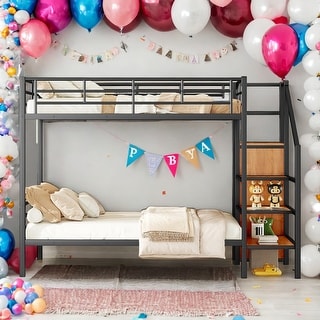 Full over Full Bunk Bed With Lateral Storage Ladder and Wardrobe for Home